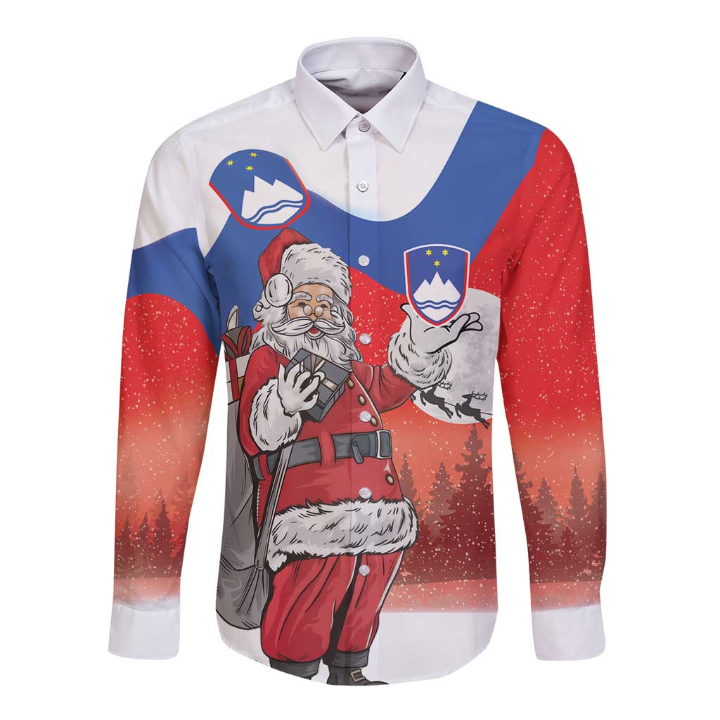 Slovenia Santa Christmas Long Sleeve Button Shirt Slovenija Vesel Bozic Flag Style - Wonder Print Shop