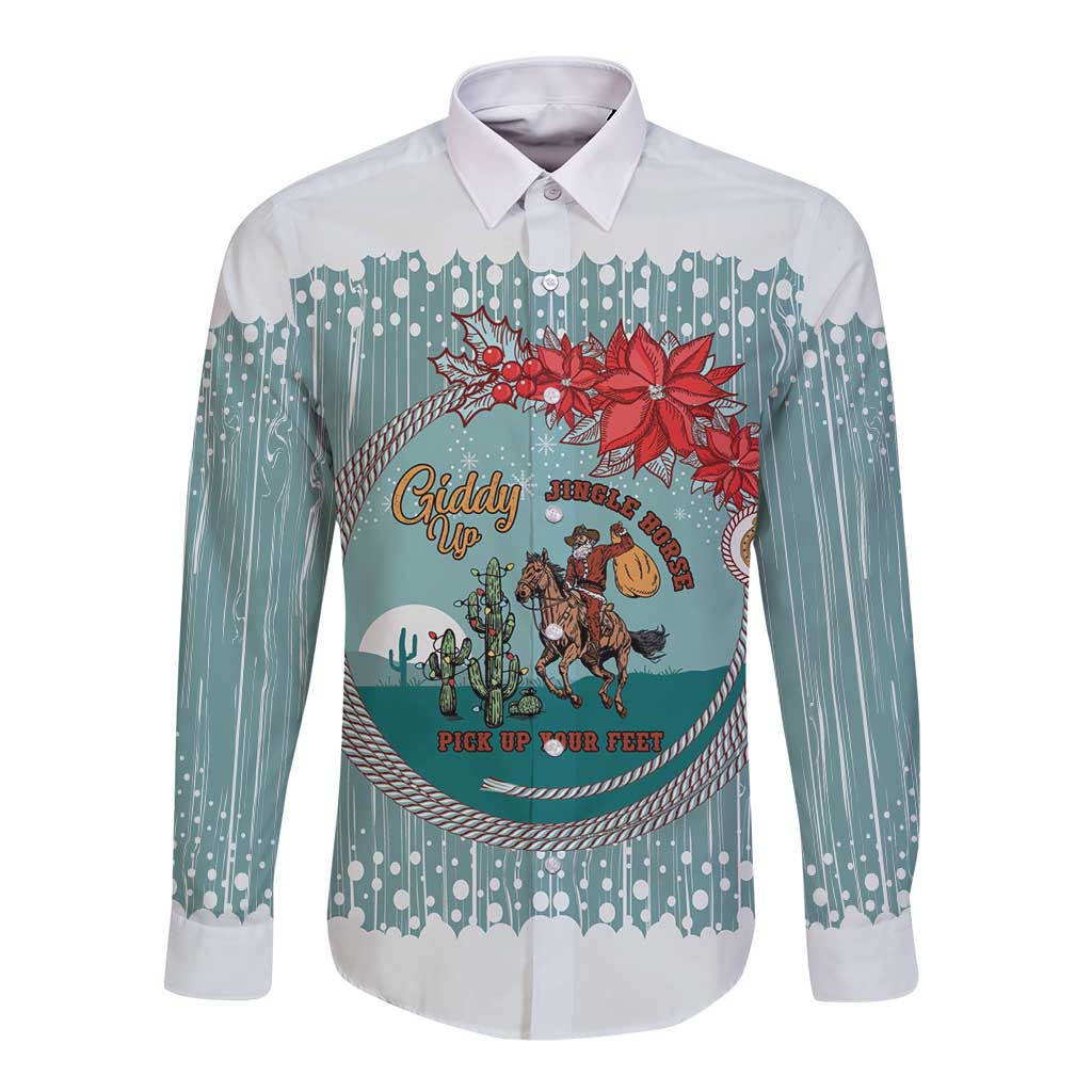 Cowboy Christmas Long Sleeve Button Shirt Giddy Up Jingle Horse Green Version - Wonder Print Shop