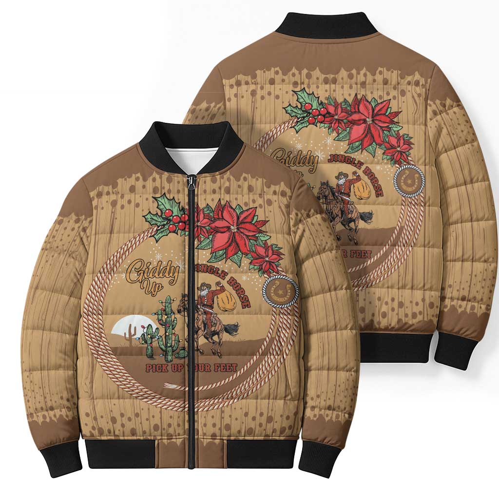 Cowboy Christmas Bomber Puffer Jacket Giddy Up Jingle Horse Brown Version - Wonder Print Shop