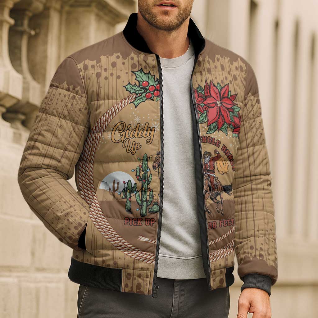 Cowboy Christmas Bomber Puffer Jacket Giddy Up Jingle Horse Brown Version - Wonder Print Shop