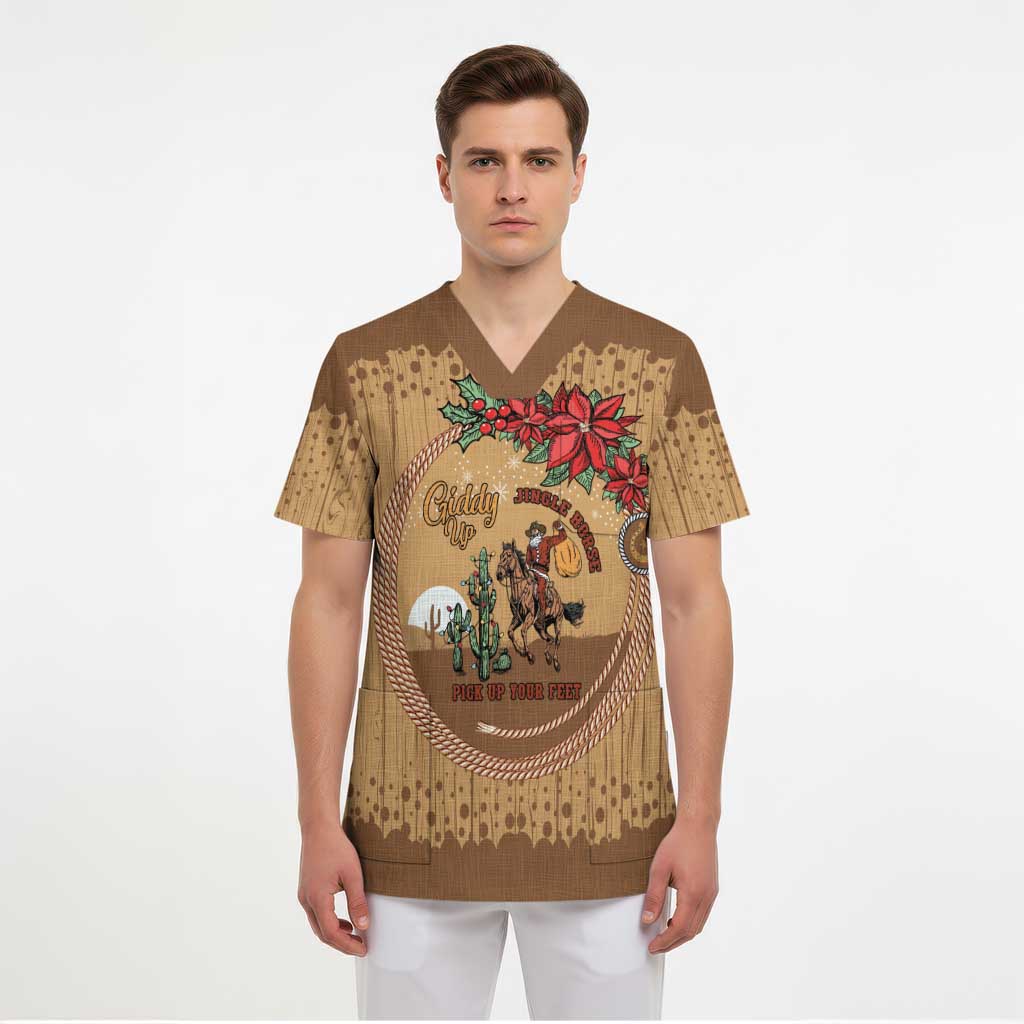 Cowboy Christmas Scrub Top Giddy Up Jingle Horse Brown Version - Wonder Print Shop