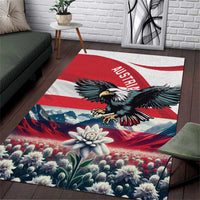 Austria-themed eagle area rug with red and white flag stripes, mountains, and flowers