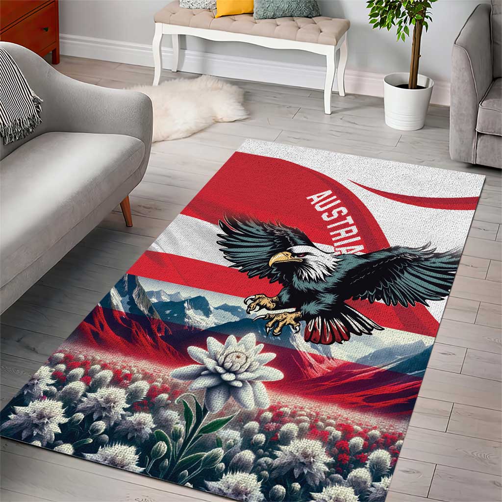 Austria-themed eagle area rug with red flag center, black eagle, and blue landscape