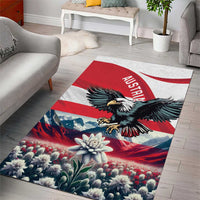 Austria-themed eagle area rug with red flag center, black eagle, and blue landscape