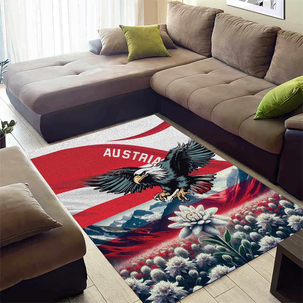 Austria-themed eagle area rug under sofa, red and white stripes with black eagle and floral