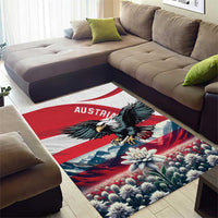Austria-themed eagle area rug under sofa, red and white stripes with black eagle and floral