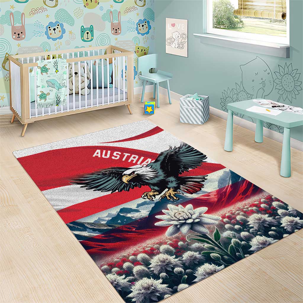 Austria-themed eagle area rug for kids room, red and white stripes with black eagle and flowers