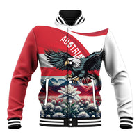 Unisex baseball jacket with black ribbed collar, red/white panels, eagle and floral print
