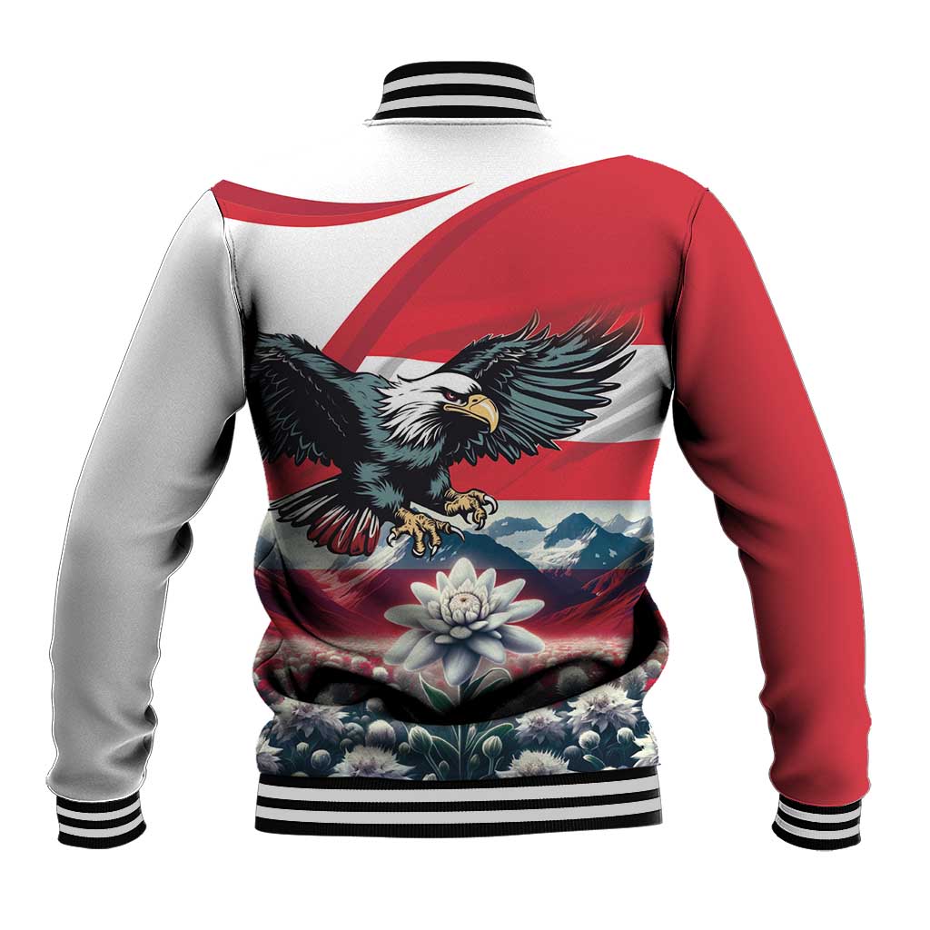 Unisex varsity jacket back view with red sleeves, eagle and edelweiss flower graphic