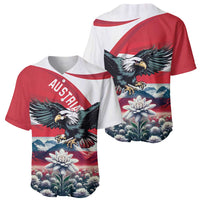 Baseball jersey shown front and back: black eagle, red/white flag stripes, flower print