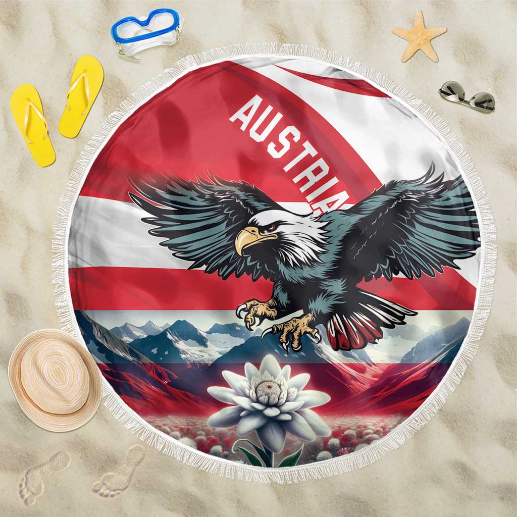 Round beach blanket with Austria flag stripes, eagle and edelweiss, circular fringes