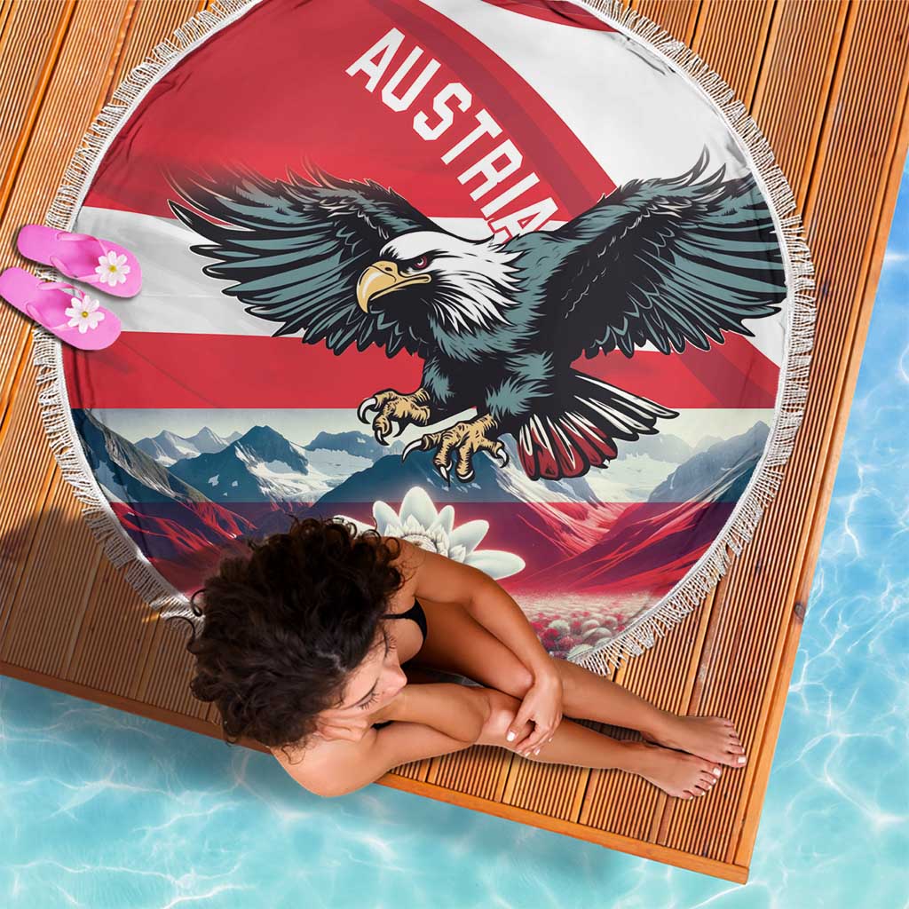 Round beach blanket with eagle over mountains, Austria stripe band, fringed edge