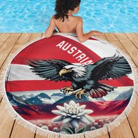 Round beach blanket: Austria flag stripes with black eagle and edelweiss, fringed edge