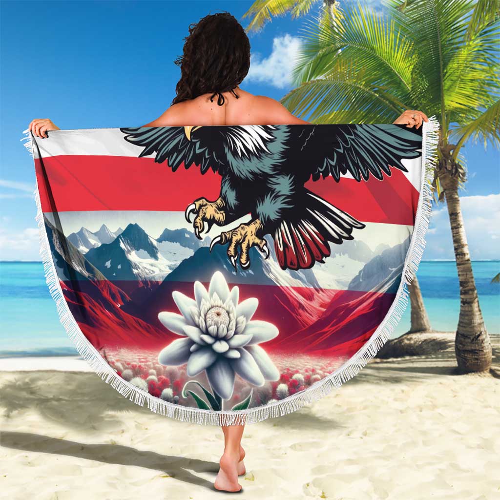 Round beach blanket with large eagle and Austria banner, fringed border