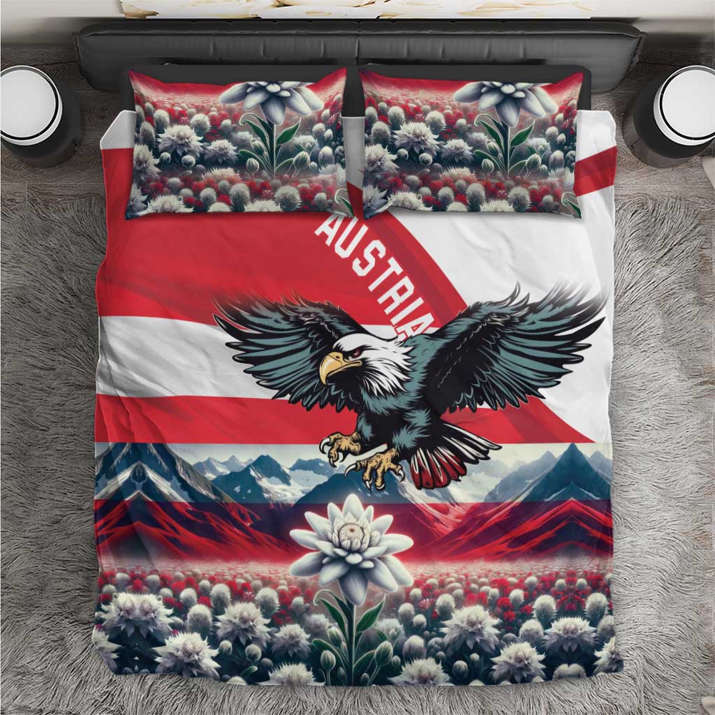 Duvet cover and two matching pillowcases with Austria eagle, flowers, and mountain scenery