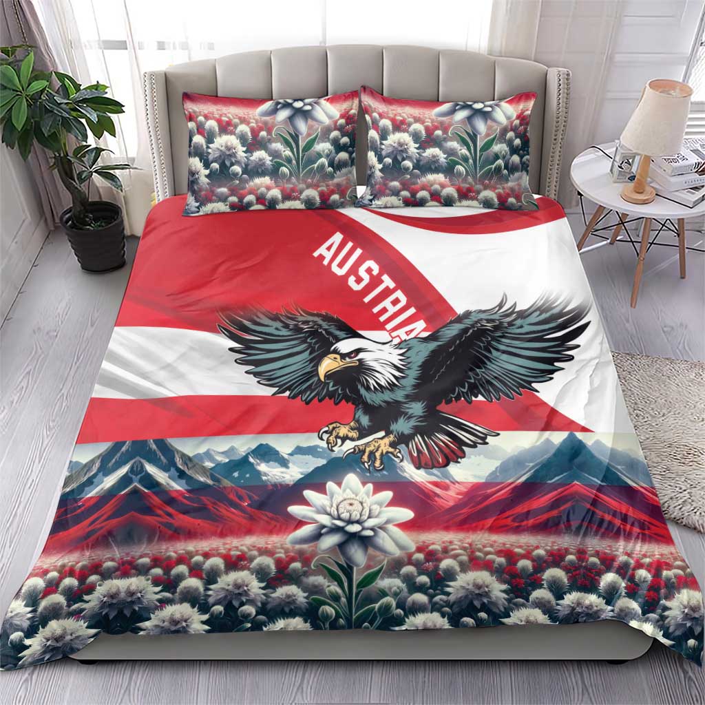 Bedding set on bed: Austria eagle crest, red stripe, and floral-pattern pillowcases