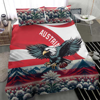 Bedding set with Austria eagle center graphic, flower motif, and two matching pillowcases