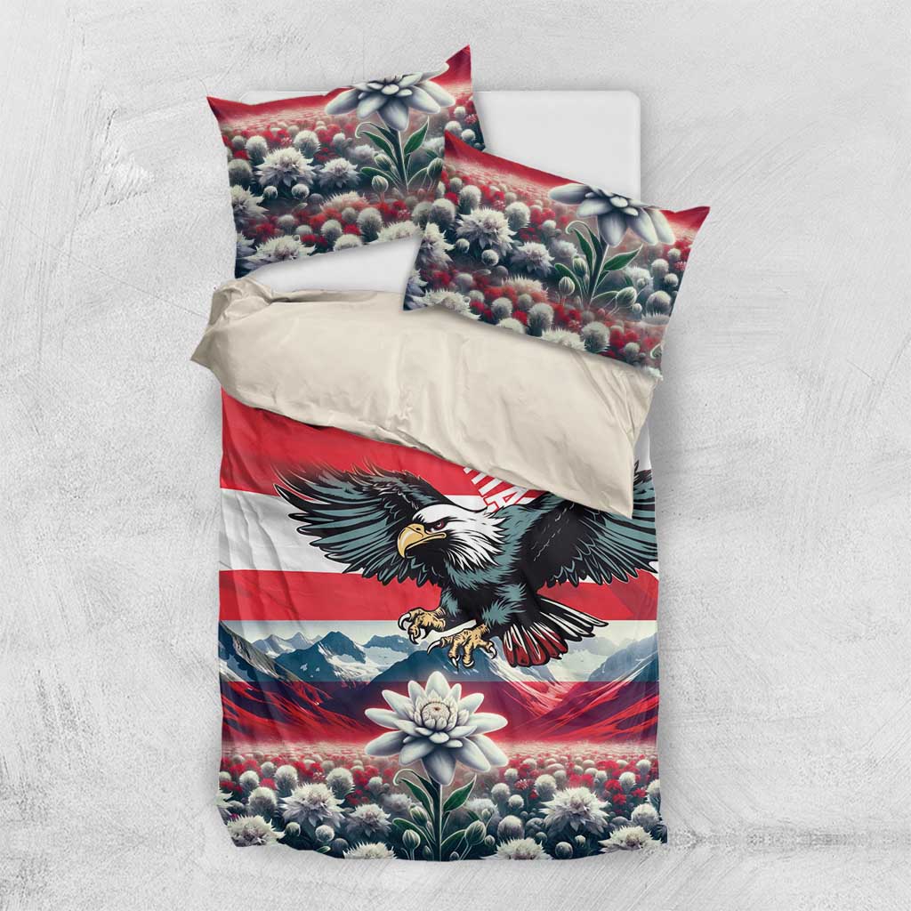 Duvet cover with Austria eagle and flower motifs plus two pillowcases in red and blue
