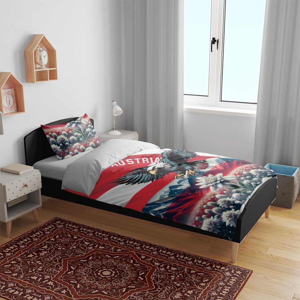 Red-white-blue Austria eagle bedding set with floral landscape and two pillowcases