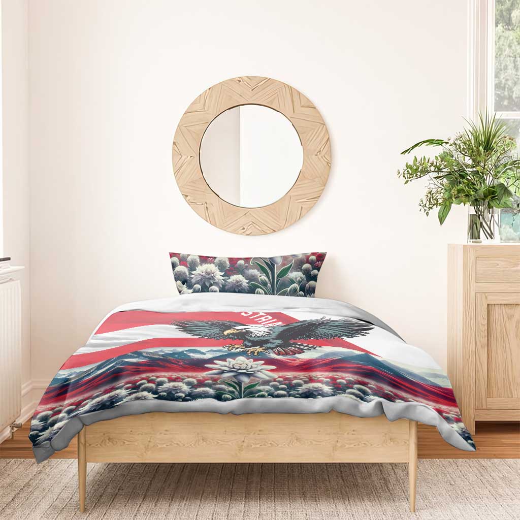 Austria eagle duvet with floral-and-mountain artwork and two pillowcases on wooden bed