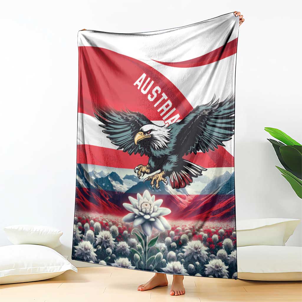 Austria flag throw blanket with black eagle, mountain scene, and blue-white flower