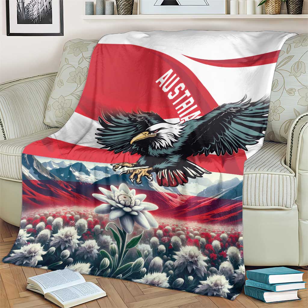Austria flag blanket featuring black eagle, mountain horizon, and large blue-white bloom