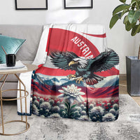 Austria flag fleece blanket with black eagle, mountain view, and field of gray flowers