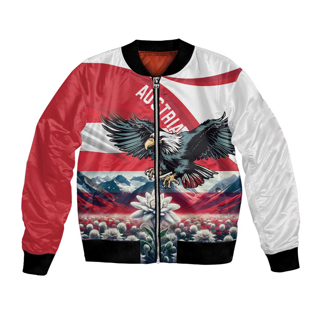 Unisex bomber jacket with red-and-white eagle, flowers graphic, ribbed cuffs and hem