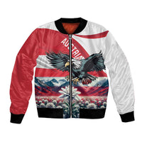 Unisex bomber jacket with red-and-white eagle, flowers graphic, ribbed cuffs and hem