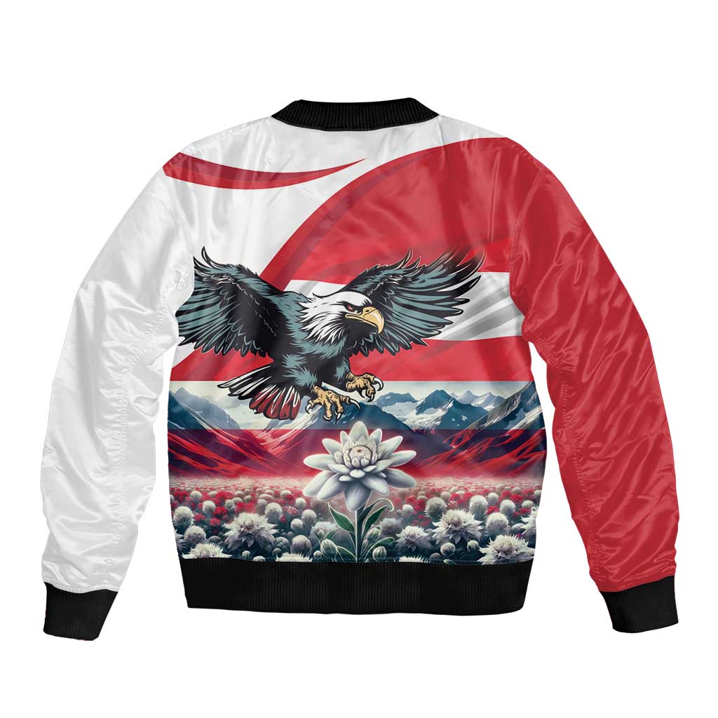 Unisex bomber jacket back view with red-and-white eagle landscape, flower, ribbed collar