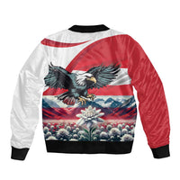 Unisex bomber jacket back view with red-and-white eagle landscape, flower, ribbed collar