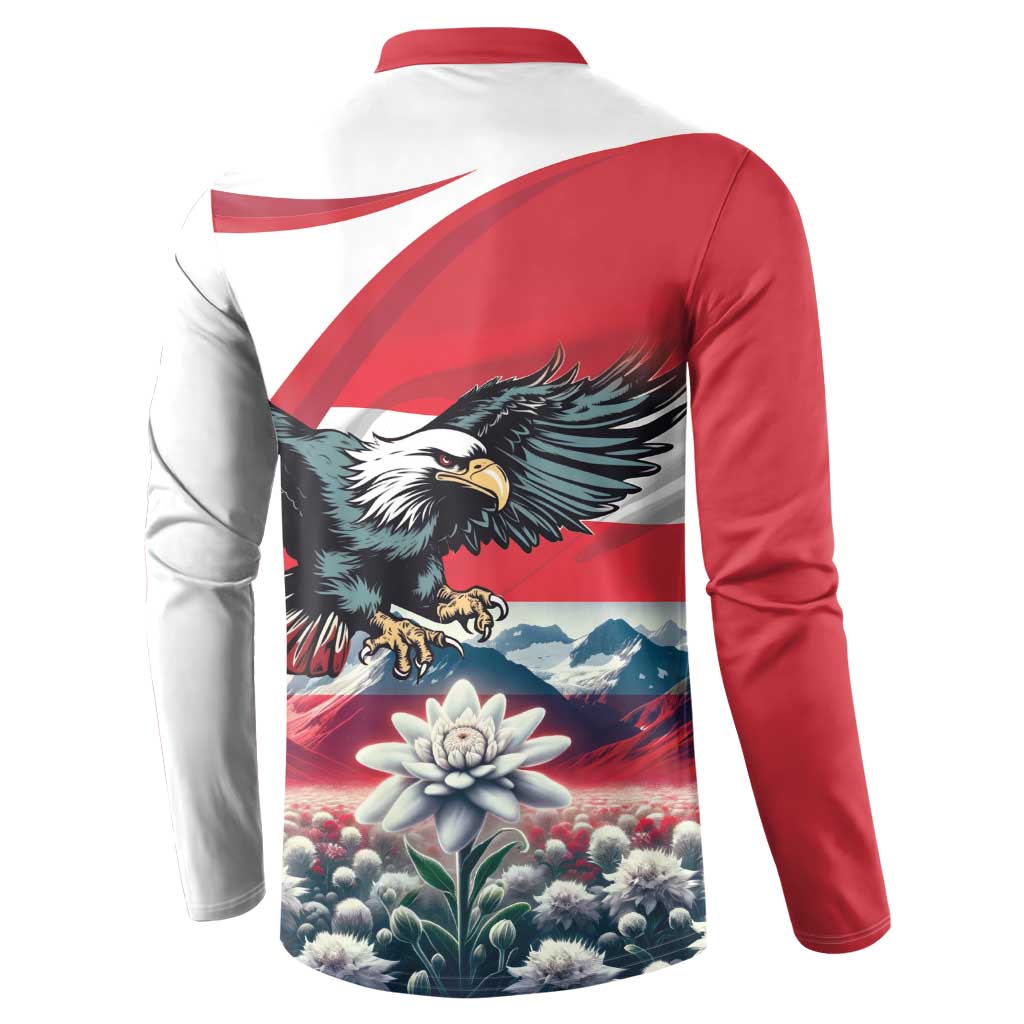 Men's red and white button sweatshirt, back view with Austria eagle and flower graphic