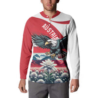 Men's red and white button sweatshirt with Austria eagle and large flower graphic, front