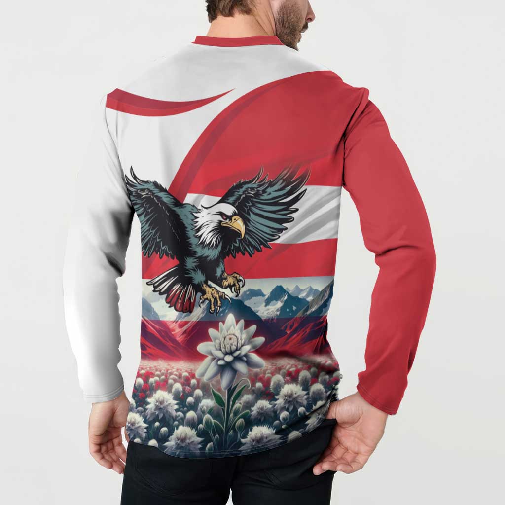 Men's red and white button sweatshirt with Austria eagle and mountain floral print, back