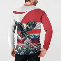 Men's red and white button sweatshirt with Austria eagle and mountain floral print, back