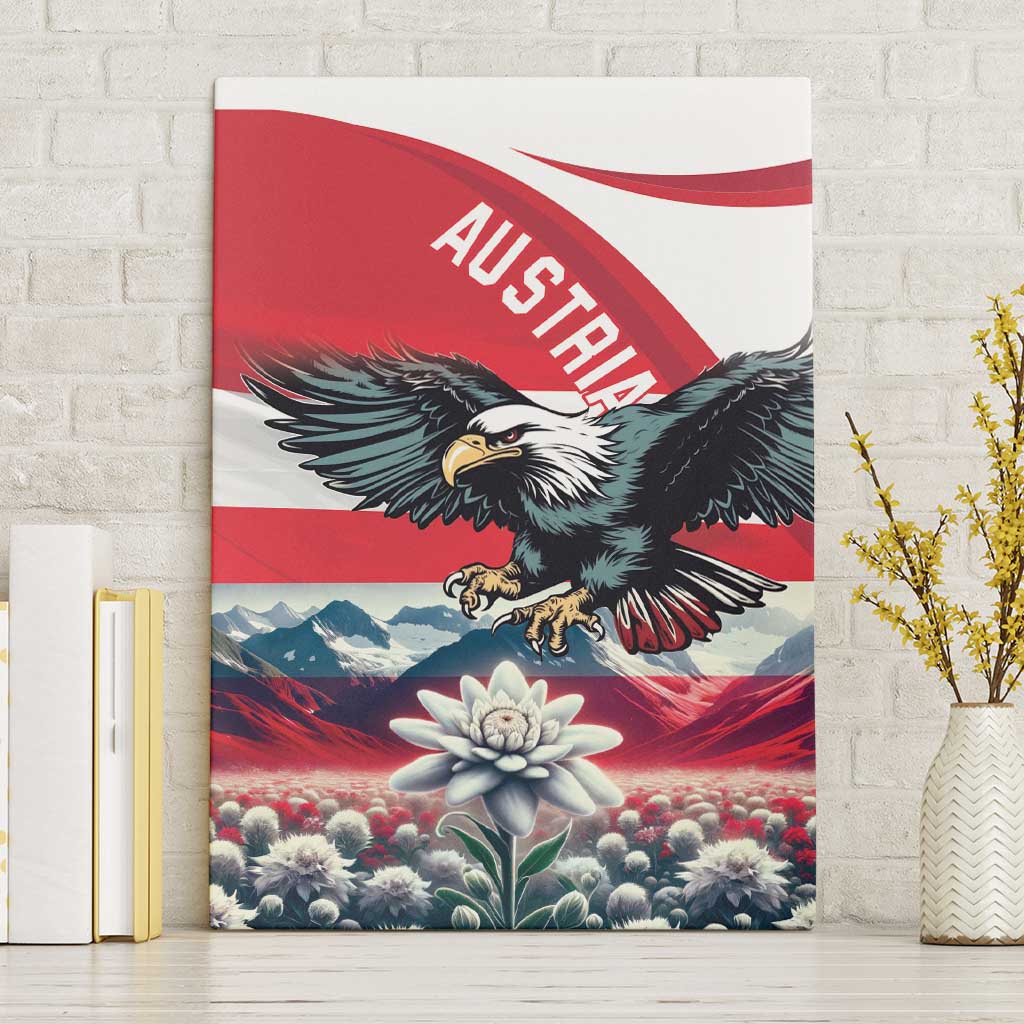 Austria canvas wall art with black eagle, red-white flag stripes, mountains and edelweiss