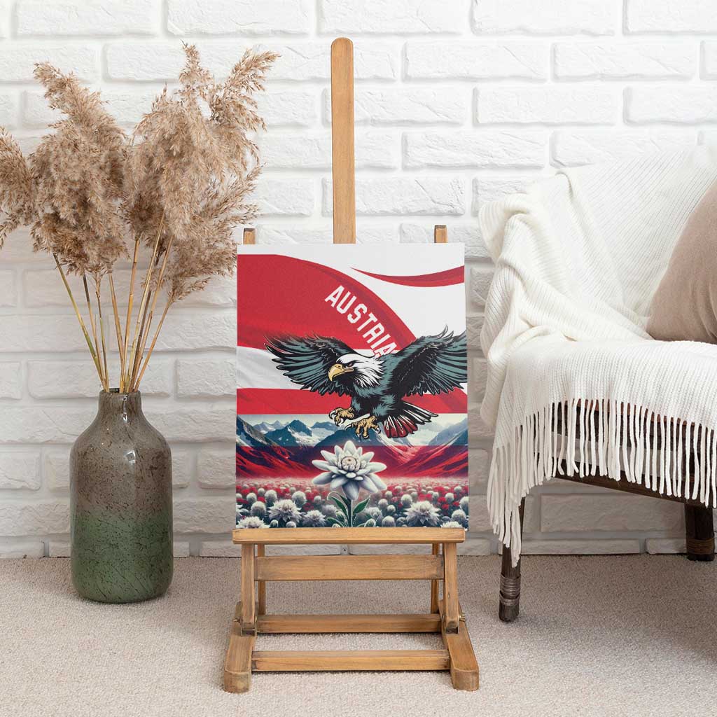 Easel-displayed canvas wall art with black eagle, flag stripes, mountains and edelweiss