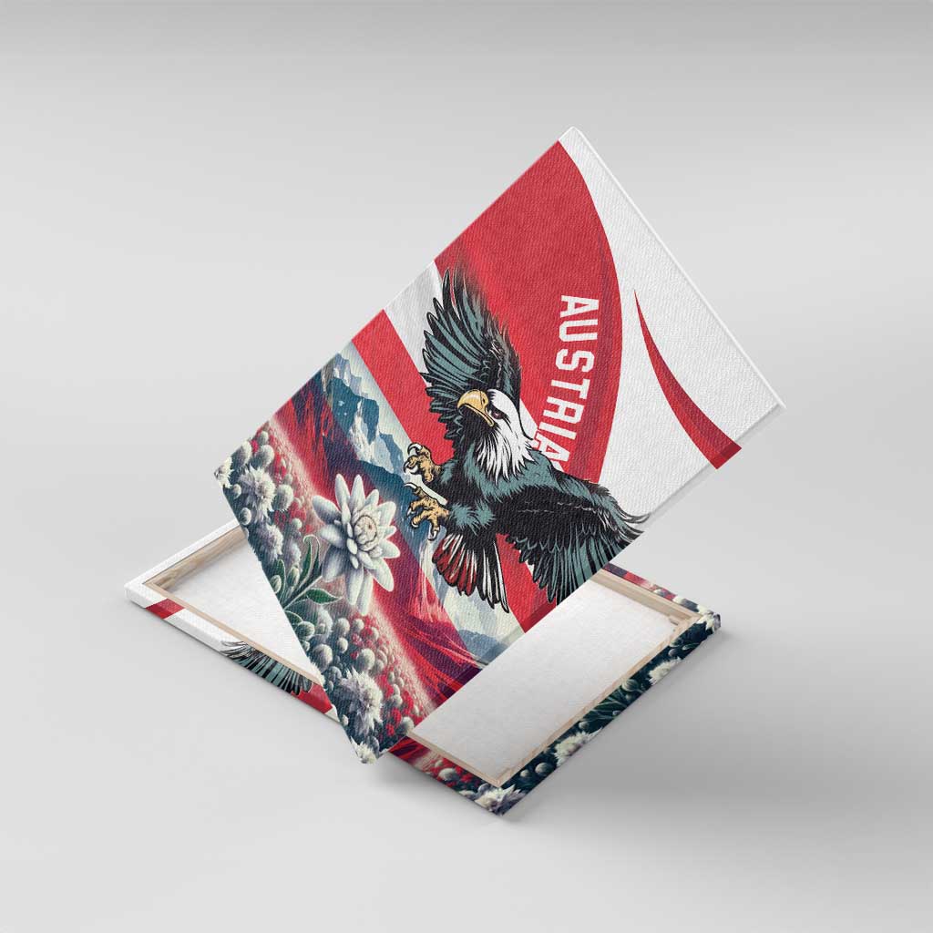 Canvas wall art laid angled, featuring black eagle, AUSTRIA text, flag stripes and edelweiss