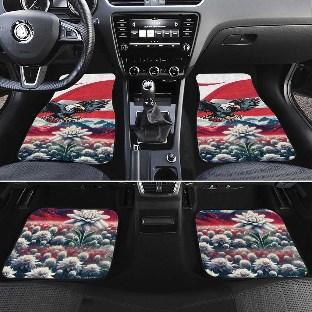 Set of 4 car floor mats with red Austrian flag, eagle, and edelweiss floral pattern