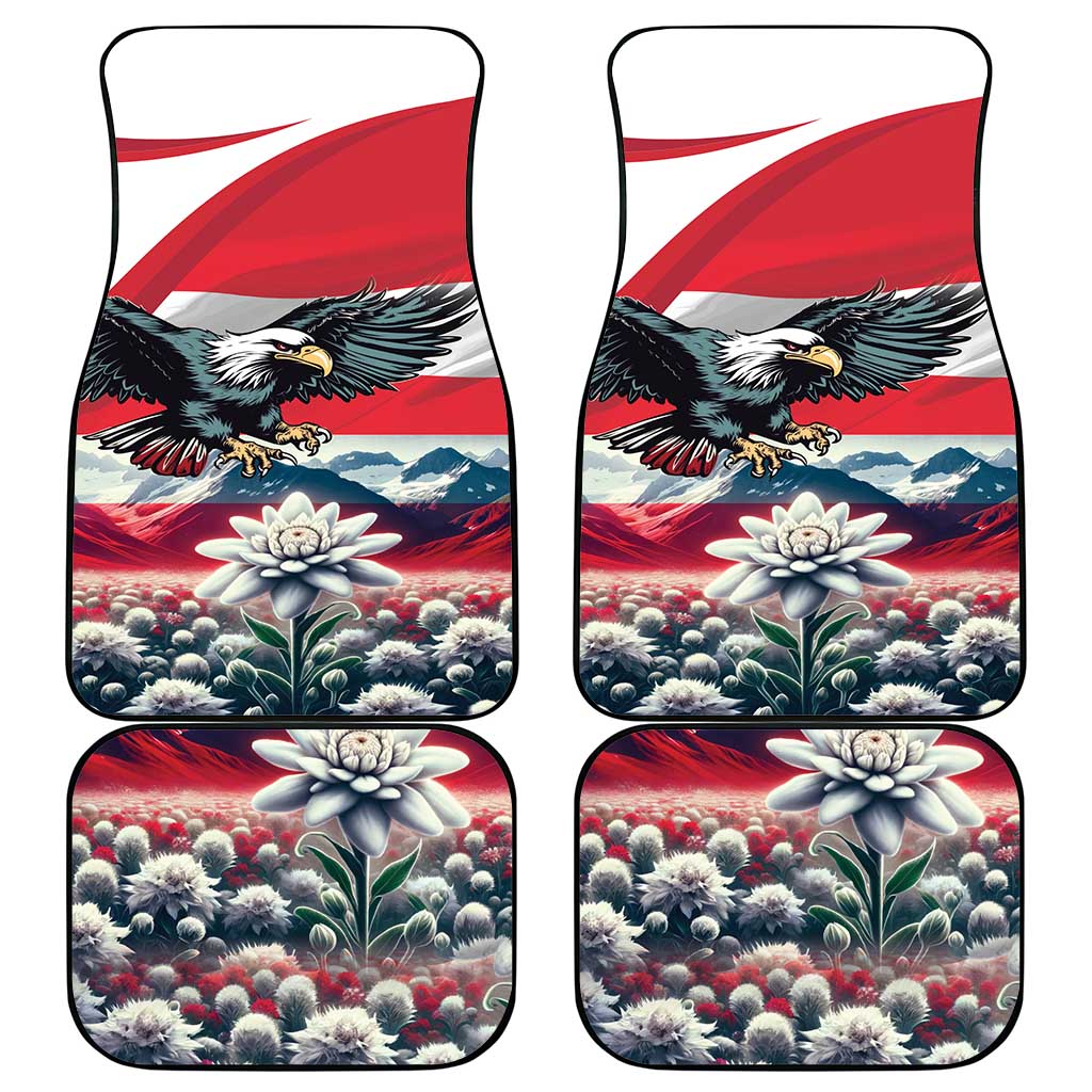 Car floor mat set of 4 with red Austrian flag, eagle, and edelweiss floral artwork