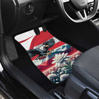 Rear seat car floor mat with red Austrian flag stripe, eagle, and edelweiss flower design