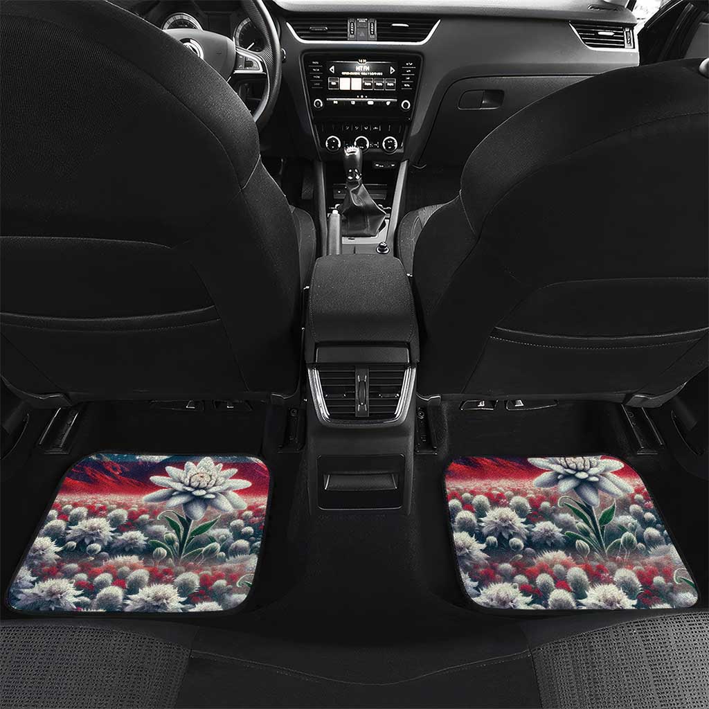 Pair of rear car floor mats with red Austrian flag, eagle, and edelweiss floral print