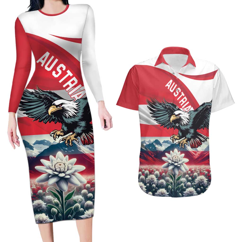 Austria Black Eagle Couples Matching Long Sleeve Bodycon Dress and Hawaiian Shirt Edelweiss with Austrian Flag - Wonder Print Shop