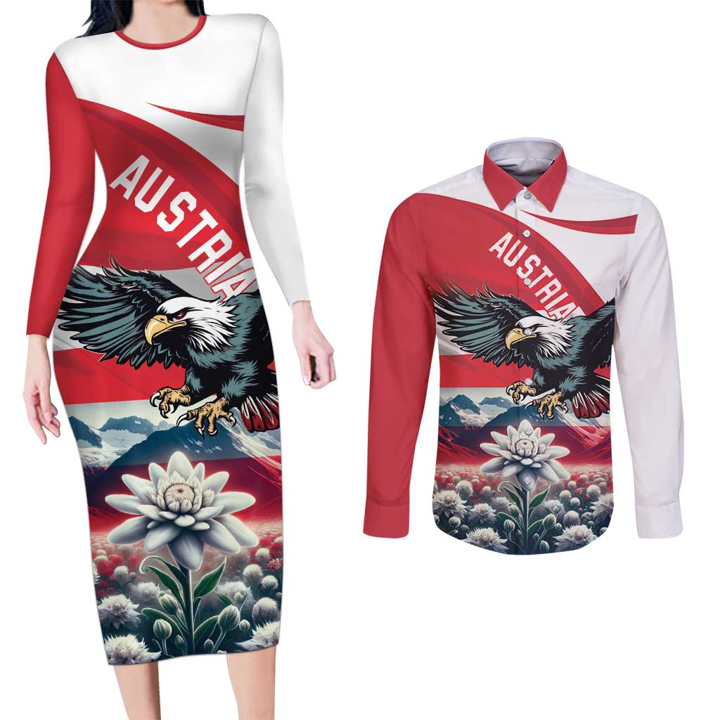 Austria Black Eagle Couples Matching Long Sleeve Bodycon Dress and Long Sleeve Button Shirt Edelweiss with Austrian Flag - Wonder Print Shop