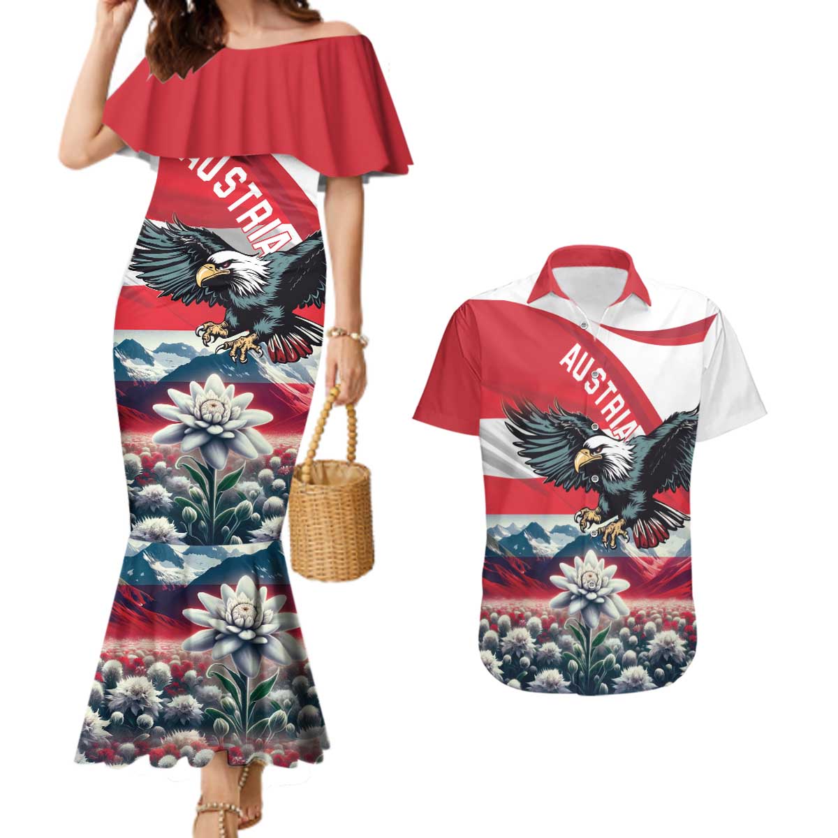 Austria Black Eagle Couples Matching Mermaid Dress and Hawaiian Shirt Edelweiss with Austrian Flag - Wonder Print Shop