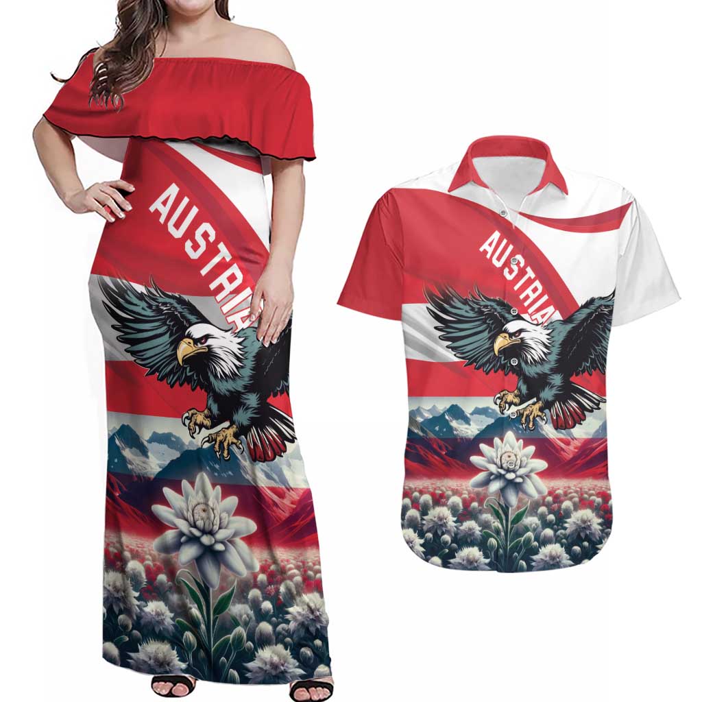 Austria Black Eagle Couples Matching Off Shoulder Maxi Dress and Hawaiian Shirt Edelweiss with Austrian Flag - Wonder Print Shop