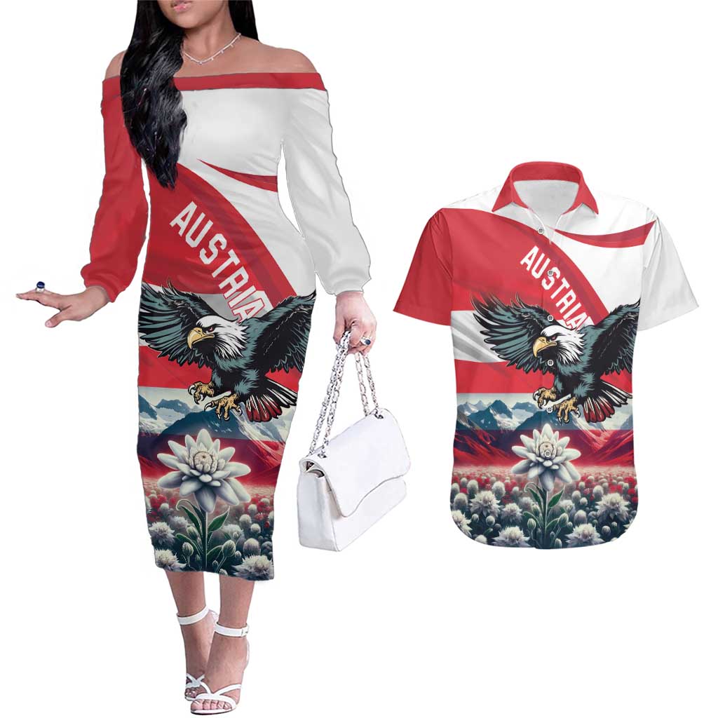 Austria Black Eagle Couples Matching Off The Shoulder Long Sleeve Dress and Hawaiian Shirt Edelweiss with Austrian Flag - Wonder Print Shop