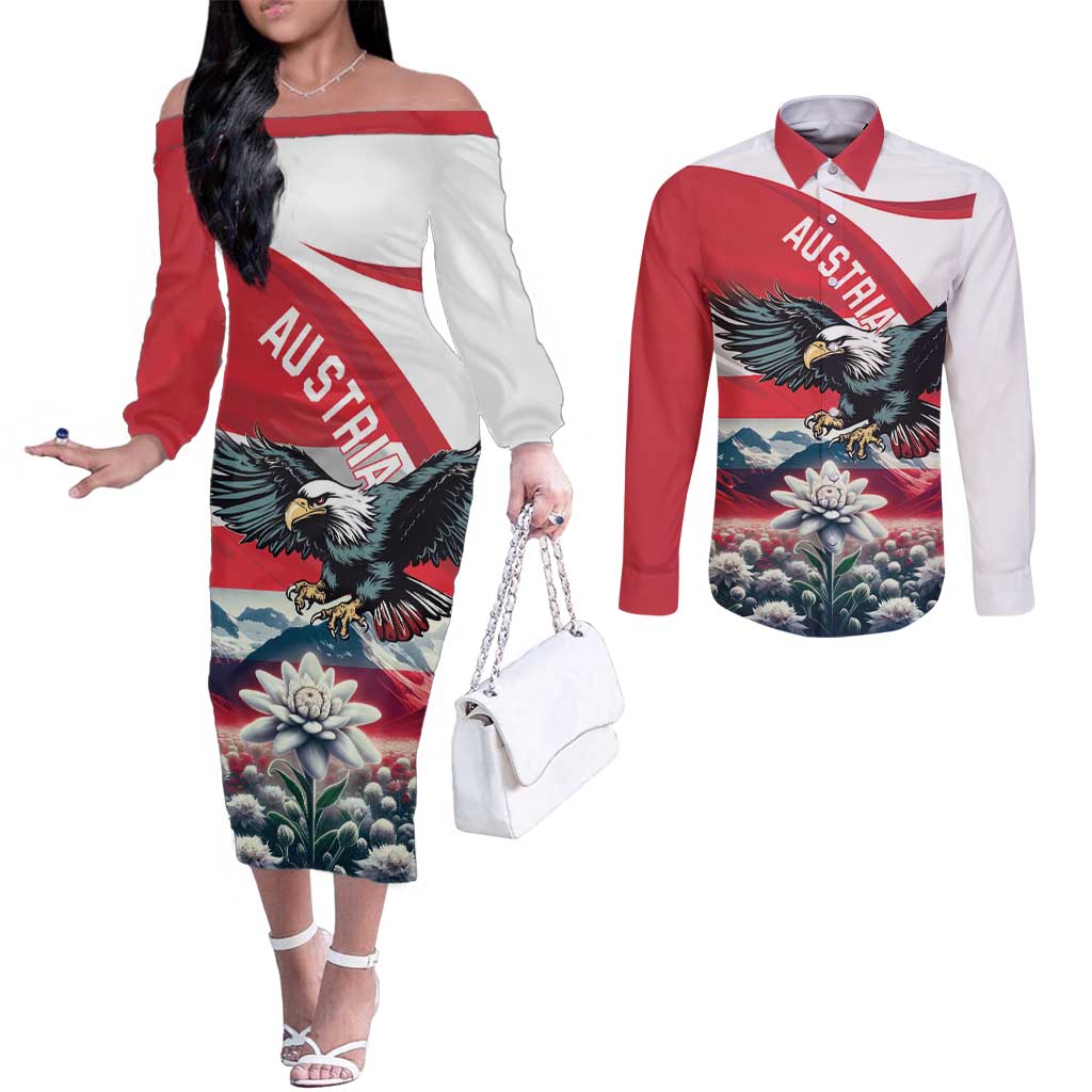 Austria Black Eagle Couples Matching Off The Shoulder Long Sleeve Dress and Long Sleeve Button Shirt Edelweiss with Austrian Flag