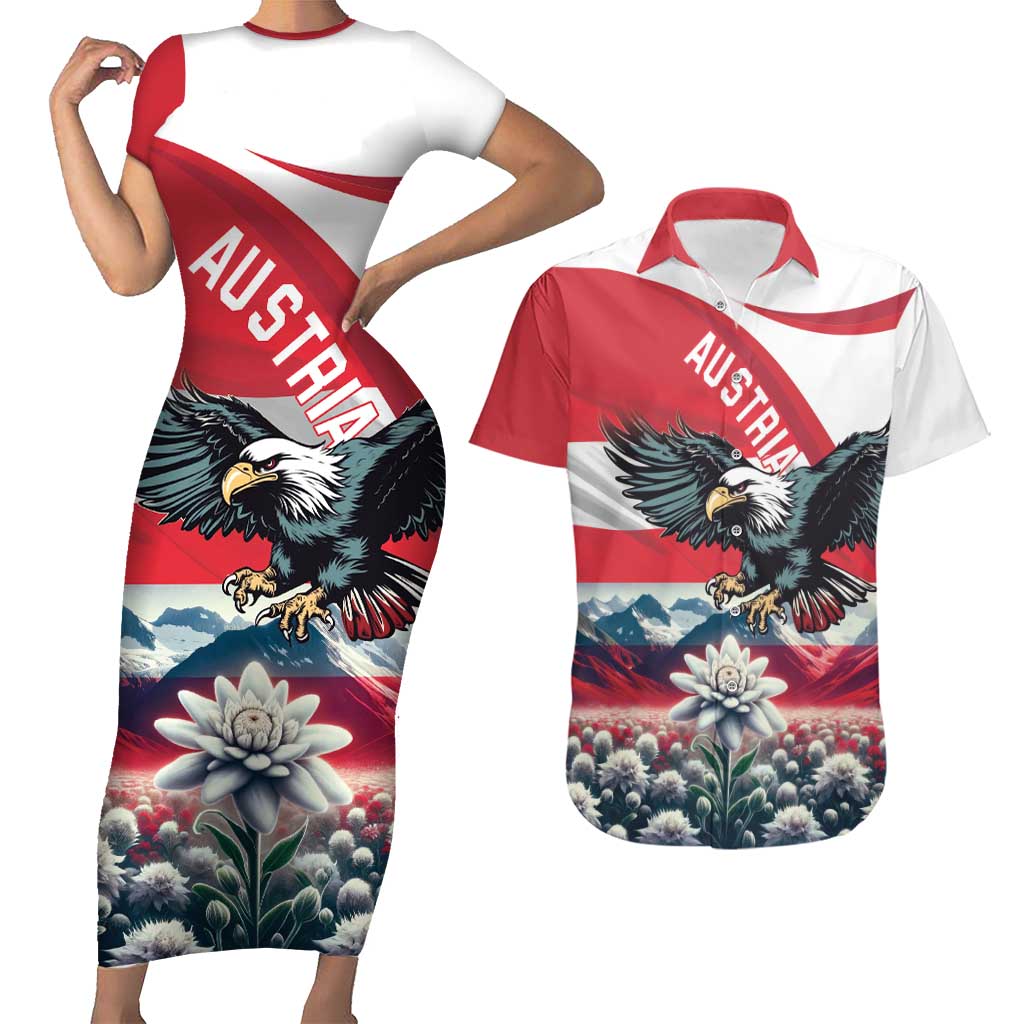 Austria Black Eagle Couples Matching Short Sleeve Bodycon Dress and Hawaiian Shirt Edelweiss with Austrian Flag - Wonder Print Shop