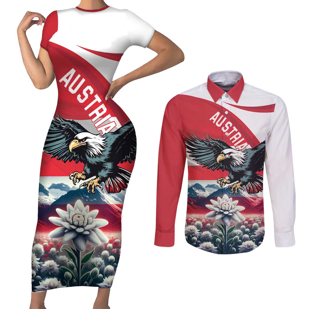 Austria Black Eagle Couples Matching Short Sleeve Bodycon Dress and Long Sleeve Button Shirt Edelweiss with Austrian Flag - Wonder Print Shop